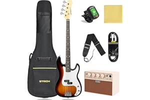 STRICH Electric Bass Guitar 4 Strings Full-Size Beginner Kit, PB-Style Standard Bass for Starter with 20w Amp, Bag, Tuner, St