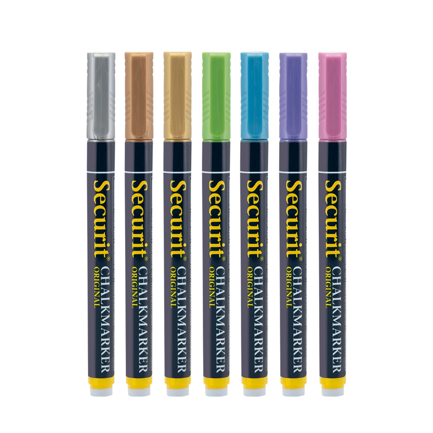 Securit Chalk Markers Set, Metallic, Multi-Color, Green/Blue/Violet/Pink/Brown/Gold/Silver; Pack of 7, Small 1-2 mm Nib | BL-SMA100-V7-MT