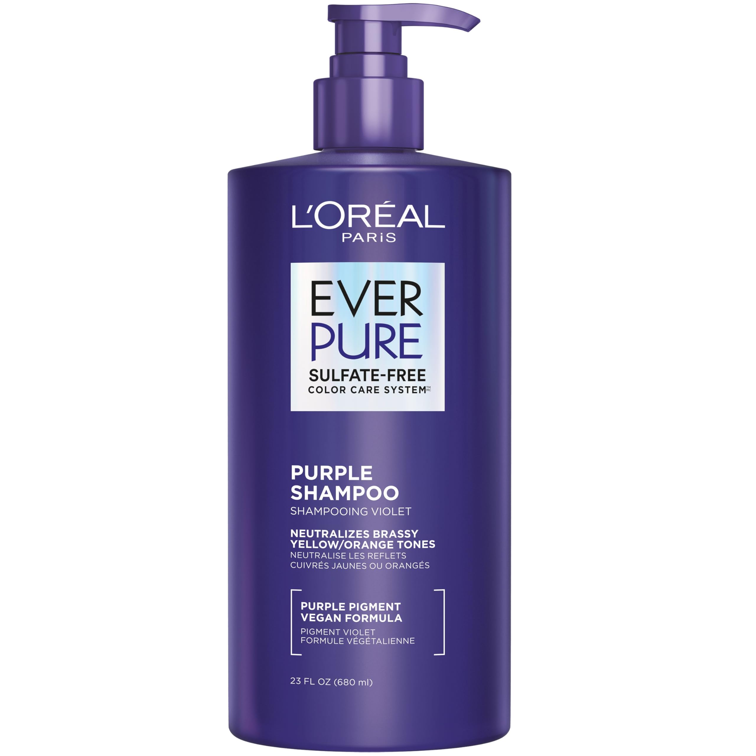 Photo 1 of L’Oreal Paris Sulfate Free Brass Toning Purple Shampoo for Blonde, Bleached, Silver, or Brown Highlighted Hair, EverPure, 23 Fl Oz (Packaging May Vary)