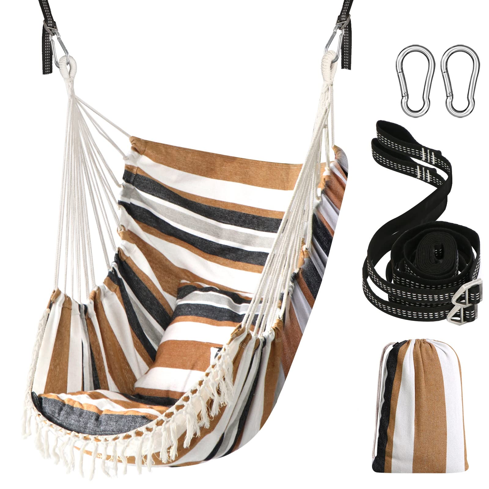 Photo 1 of Chihee Hammock Chair Hanging Swing 2 Pillows Included,Strong Webbing Straps and Hooks for Easy Hanging Soft Cotton Hanging Chair Side Pocket Tassel Chair Comfort Indoor Outdoor Brown Stripes