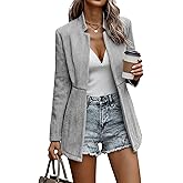 Mina Self 2026 Spring Women's Herringbone Tweed Blazer Jacket - Long Fully Lined Open Front Work Office Coat with Pockets