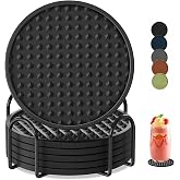 6 Pack Silicone Coasters for Drinks Rubber Coaster with Holder-Black | Non-Slip Waterproof Heat Resistant Cup Mats Protection Tabletop for Coffee Table, Desk Kitchen Bar Outdoor Patio
