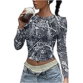 SOLY HUX Women's Y2k Camo T Shirt Crew Neck Long Sleeve Slim Fit Tee Going Out Crop Tops