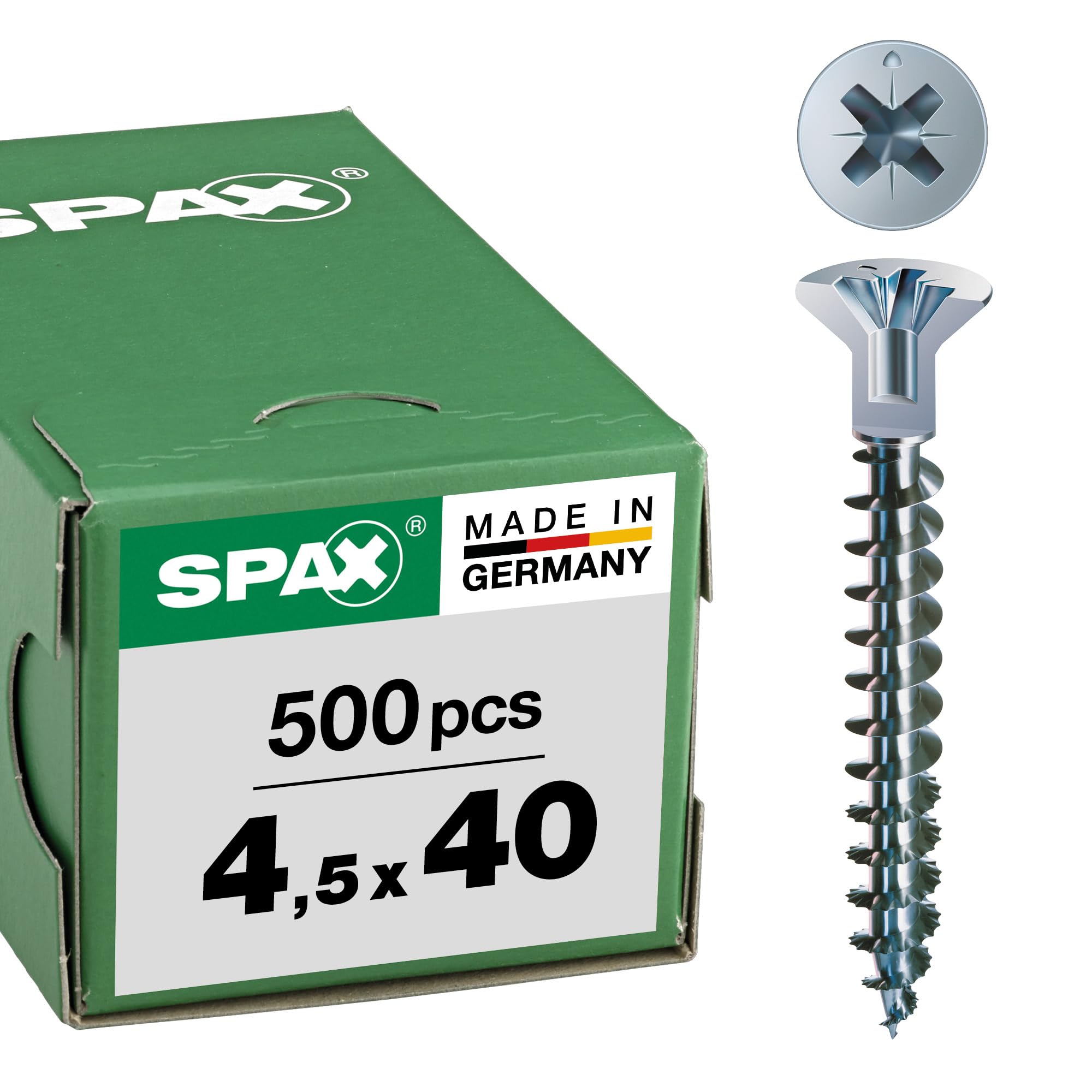 SPAX WIROX A3J 0271010450405 Universal Screw with Head Hole 4.5 x 40 mm Pack of 500 Phillips Z2 Small Countersunk Head (Diameter 5 mm) Fully Threaded
