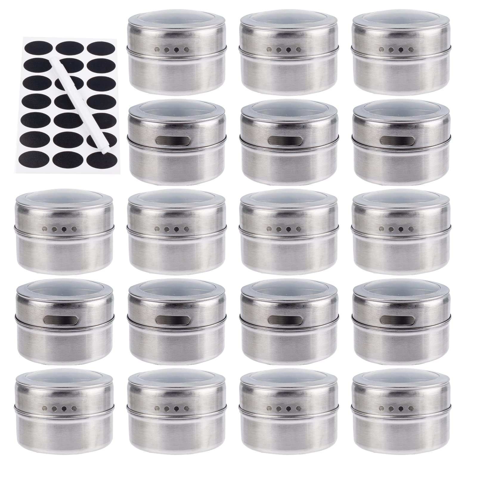 18 Pack Magnetic Spice Jars with Lid, 100 ml Stainless Steel Spice Storage Containers for Kitchen, Include Spice Label and Pen, Clear Top Lid with Sift or Pour, Magnetic on Refrigerator and Grill