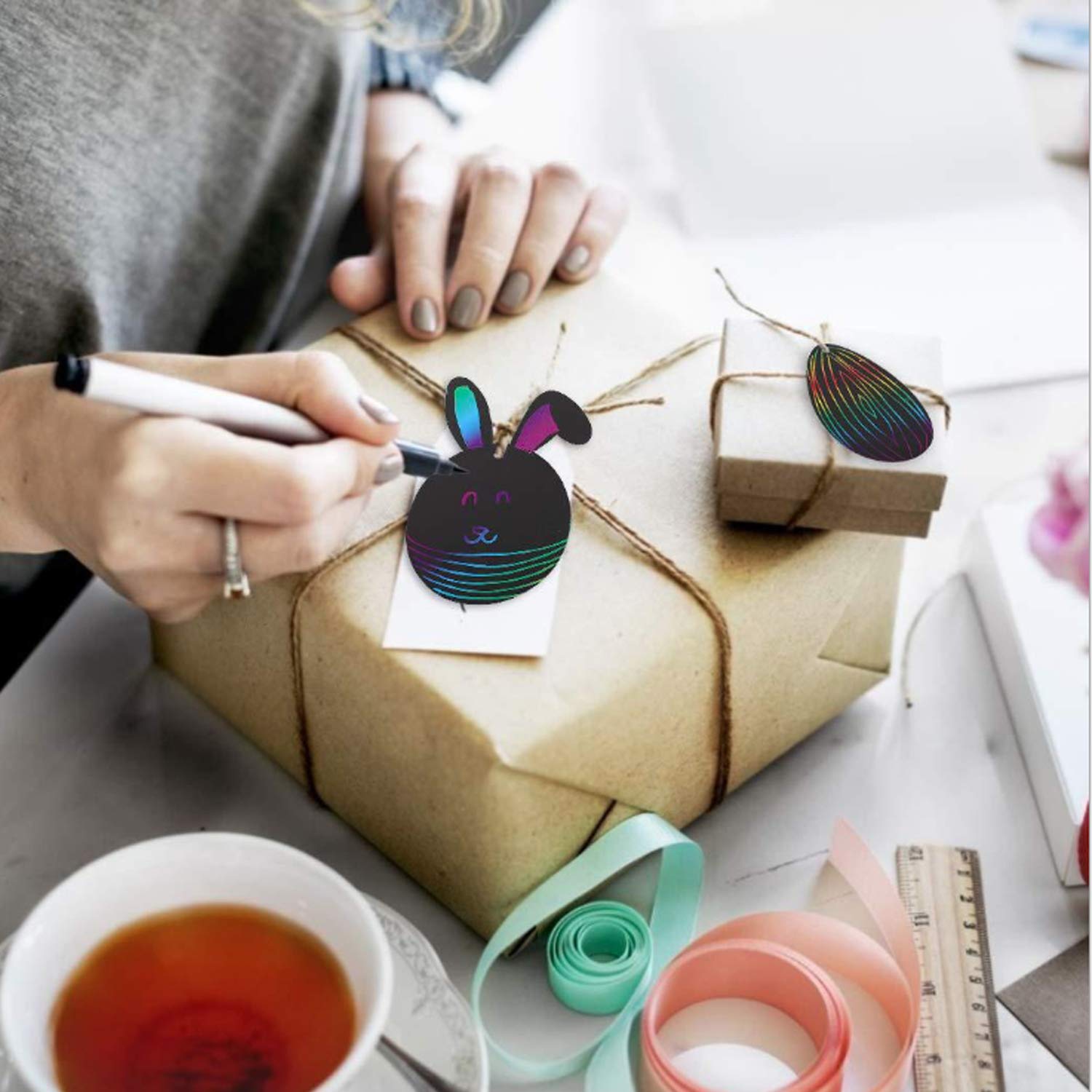 SOFUN 108 Pieces Easter Scratch Paper Ornaments with 12 Styles Easter Scratch Art Paper for Kids 48PCS Scratch Cards for Easter Party 12 Wooden Styluses 48PCS Colorful Ribbons for Birthday Party