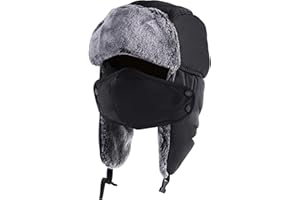 QXURkut Winter Trapper Hat with Earflap Mask for Men Women, Windproof Warm Trooper Hat Bomber Cap Thick Faux Fur Fleece Lined