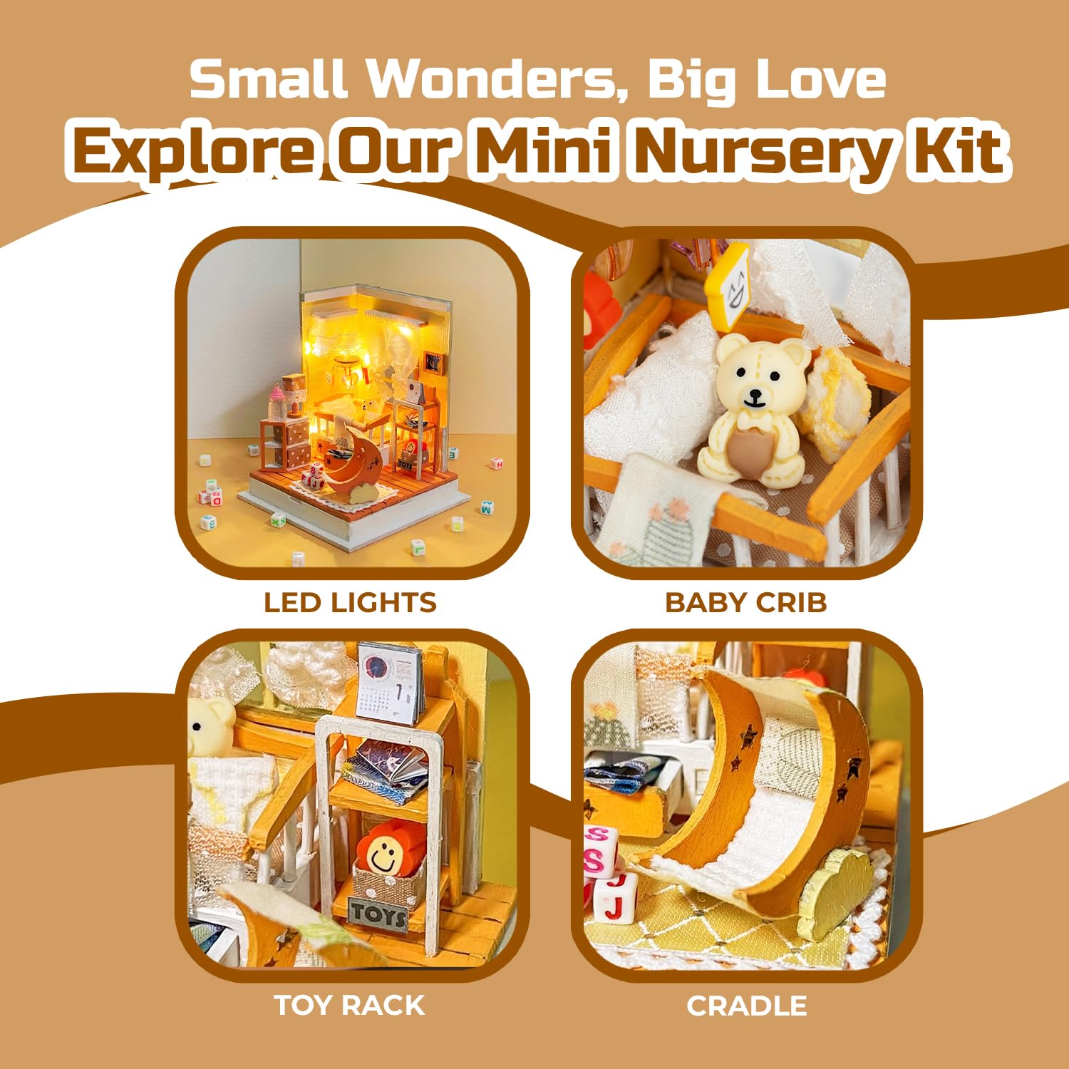 DIY Miniature Dollhouse Kit - Doll Kit with Furniture - 3D Wooden DIY Miniature Dollhouse Kit with Instructions, Nursery Accessories & LED Lights - Tiny House Miniature Kit 1:24 Scale