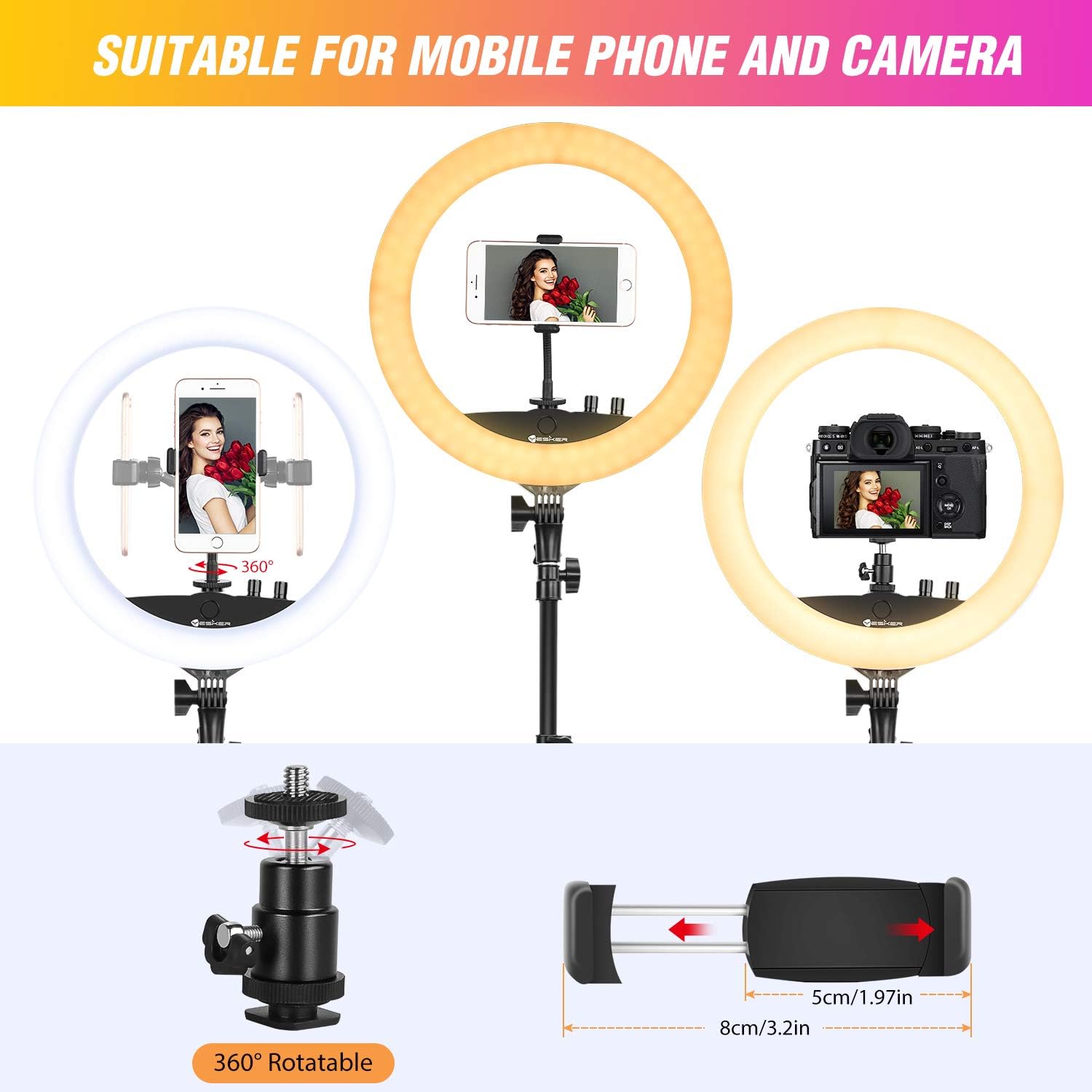 Ring Light with Tripod Stand Yesker 14 Inch LED Ringlight Kit with Phone Holder Adjustable Color Temperature Tiktok Circle Lighting for iPhone Camera for Vlog, Makeup, YouTube, Video Shooting : Camera & Photo