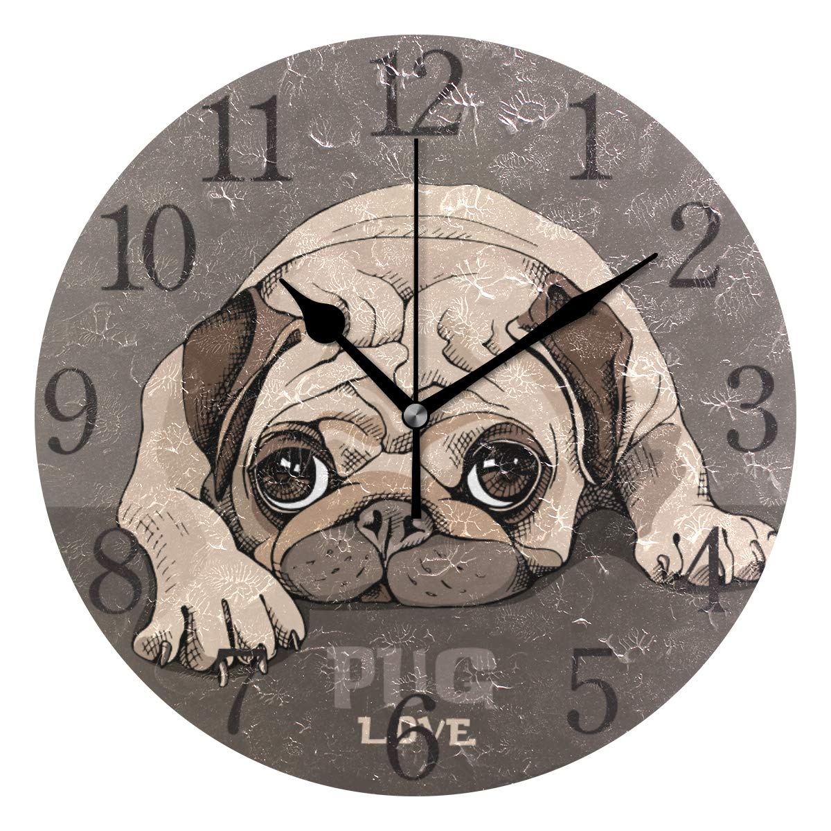 ISAOA 9.5 Inches Modern Wall Clock,Cute Pug Puppy Dog Coffe Brown Silent Non-ticking Round Desk Clock Cube Clock for Bedrooms,Kids,Living Room,Kitchen