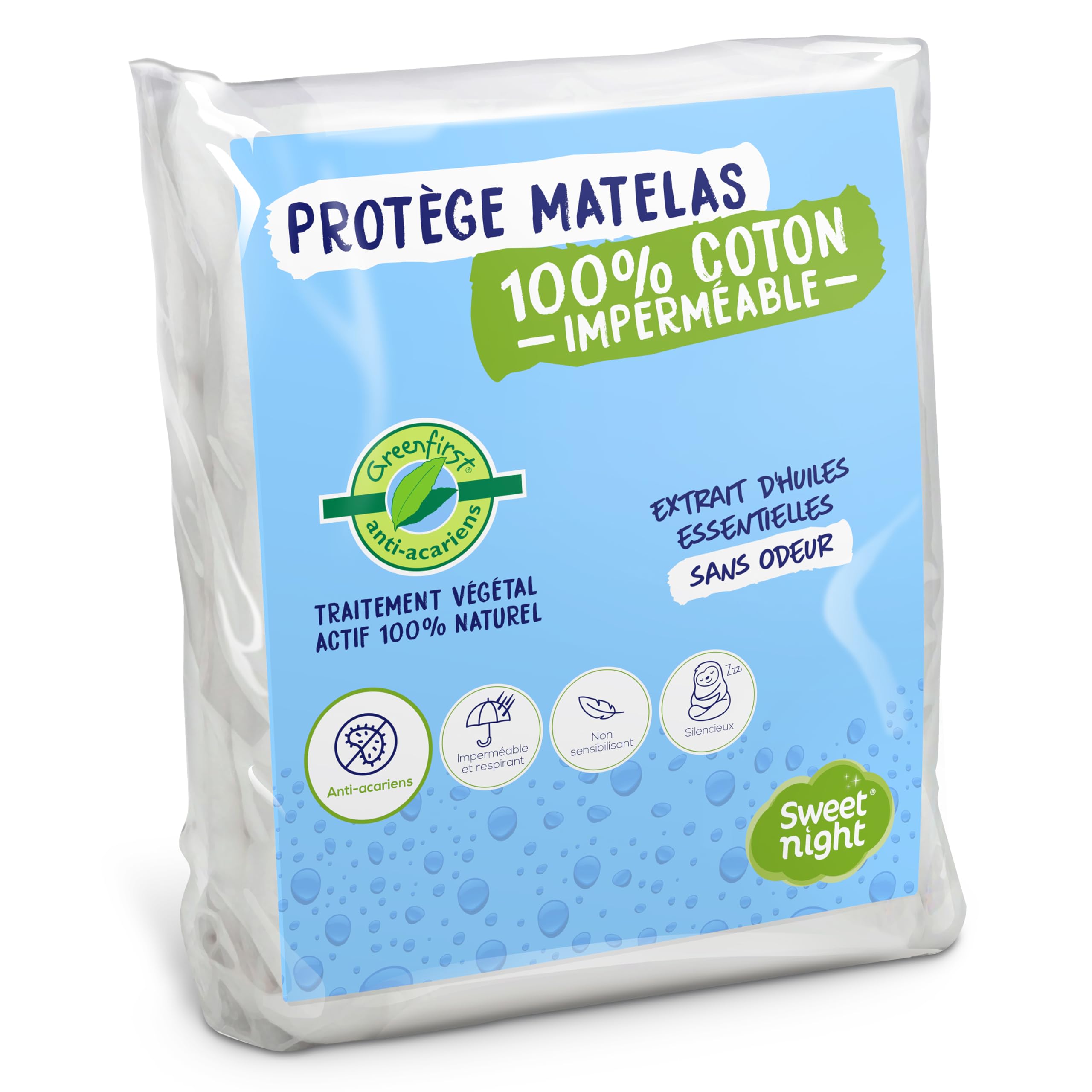SWEET NIGHT Sweetnight Greenfirst Mattress Protector 140 x 200 cm | Plant Treatment: 100% Natural Active and Anti-Dust Mite | Waterproof Mattress Protector | 100% Cotton Fleece | Absorbent and Silent