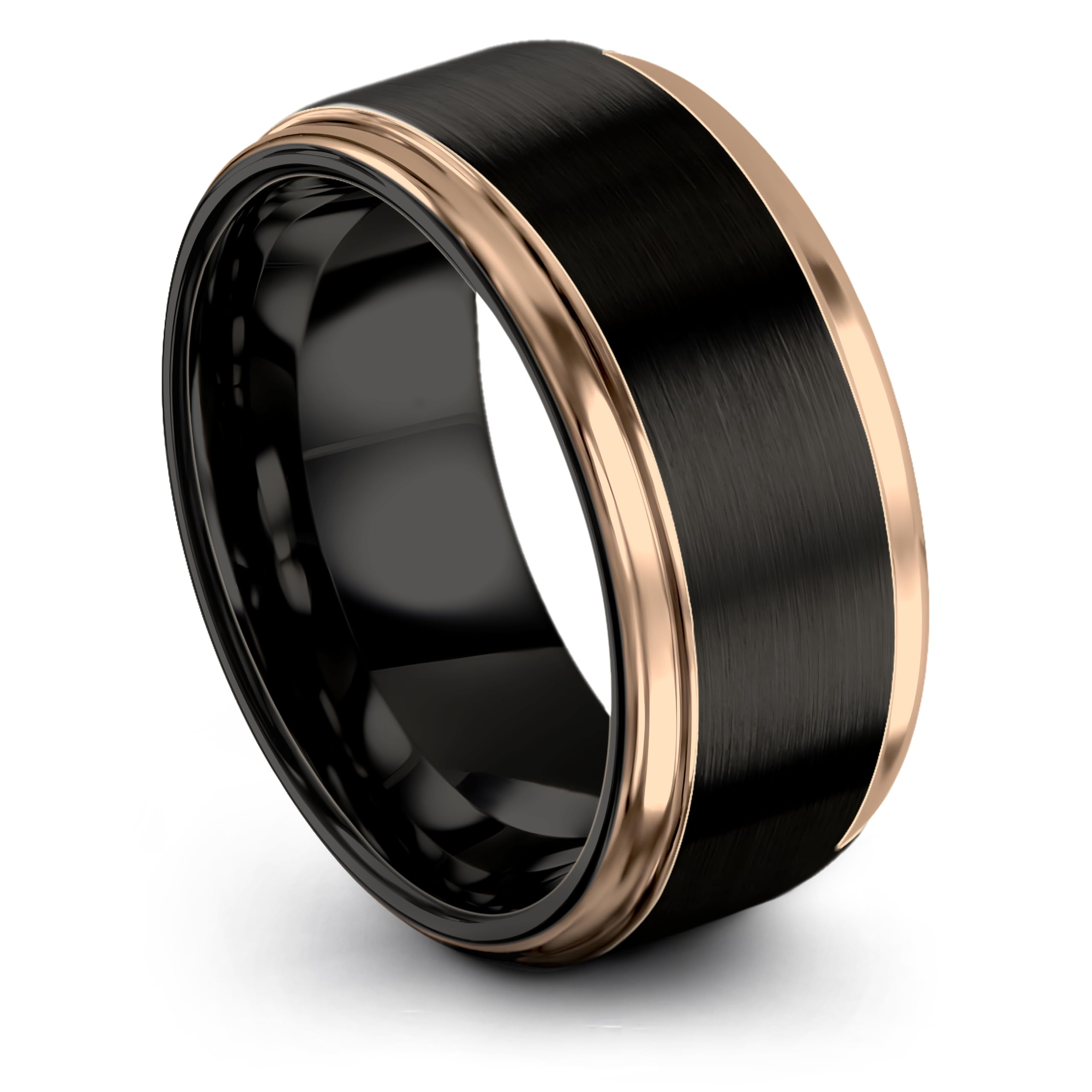 Anillo de boda de tungsteno de la colección Midnight Rose, 0.394 in, para hombres y mujeres, chapado en oro rosa de 18 quilates, corte plano, negro, pulido cepillado, tamaño 10,5