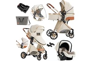 Nine point nine 3 in 1 Baby Stroller Travel System Combo Set, Reversible Infant Stroller with Aluminum Frame, Convertible Toddler Newborn Pram Carriage of One-Click Folding (UDV9-WHITE with Base)