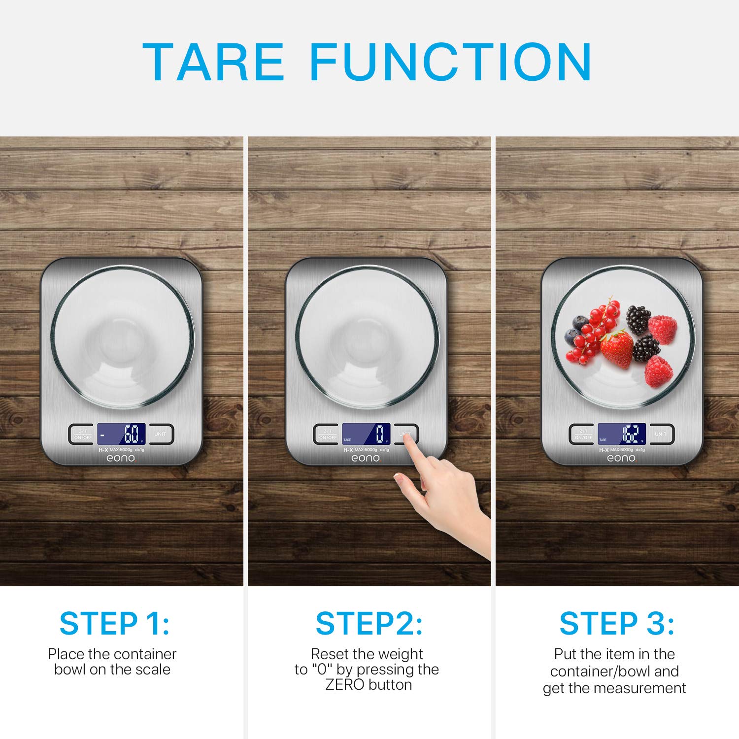 Eono by Amazon - Digital Kitchen Weighing Scale, Premium Stainless Steel Food Scales Weight Grams and Oz for Baking and Cooking 5KG/1g- 15Yr Guarantee