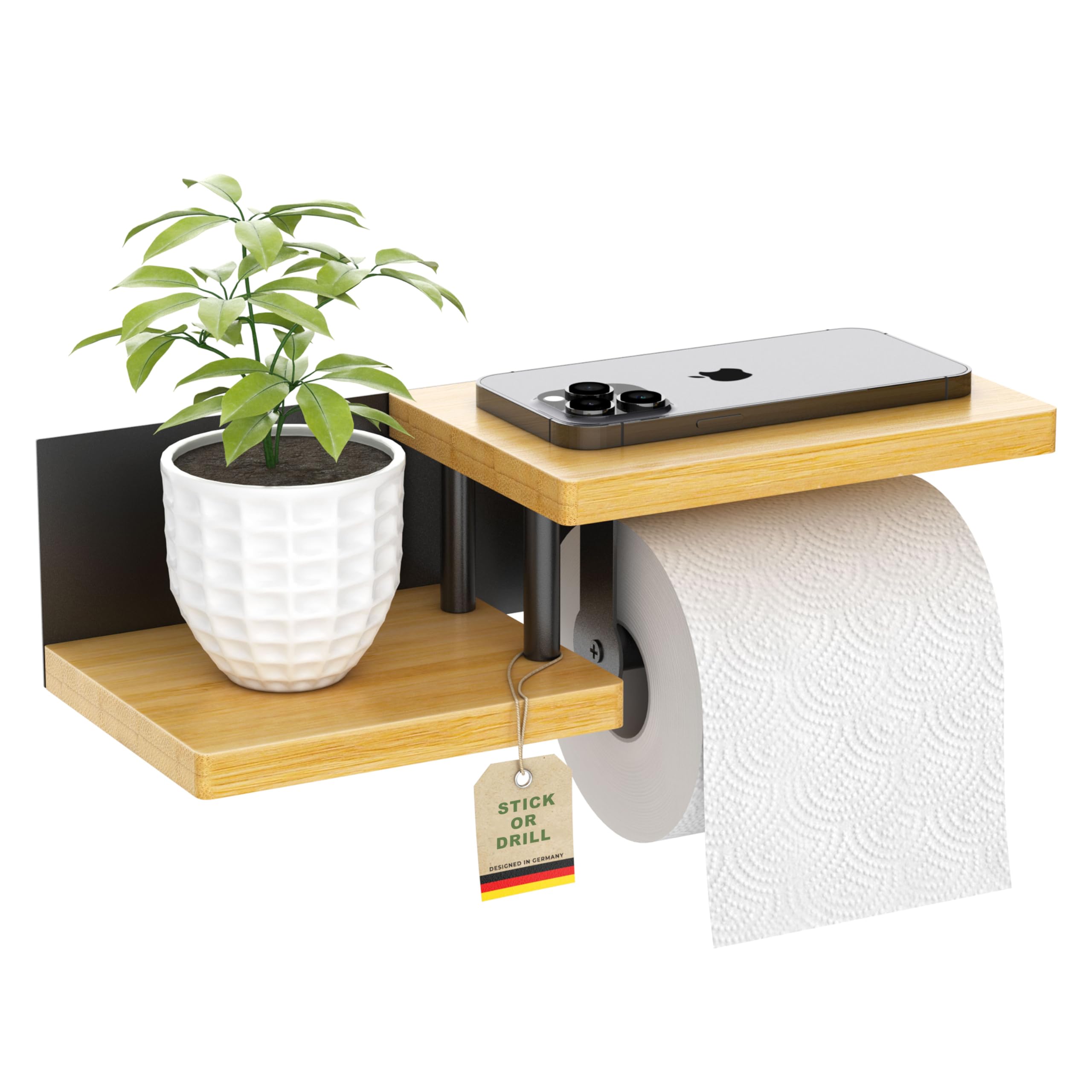 ElbFuchs® Bamboo Toilet Paper Holder | Stick or Drill | Premium Wooden Toilet Roll Holder with Shelf | Black | Toilet Roll Holder | WC Paper Holder