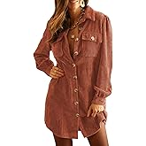 Alaster Queen Women's Corduroy Long Sleeve Short Dresses Fall Winter Button Down Work Tunic Dress with Pocket