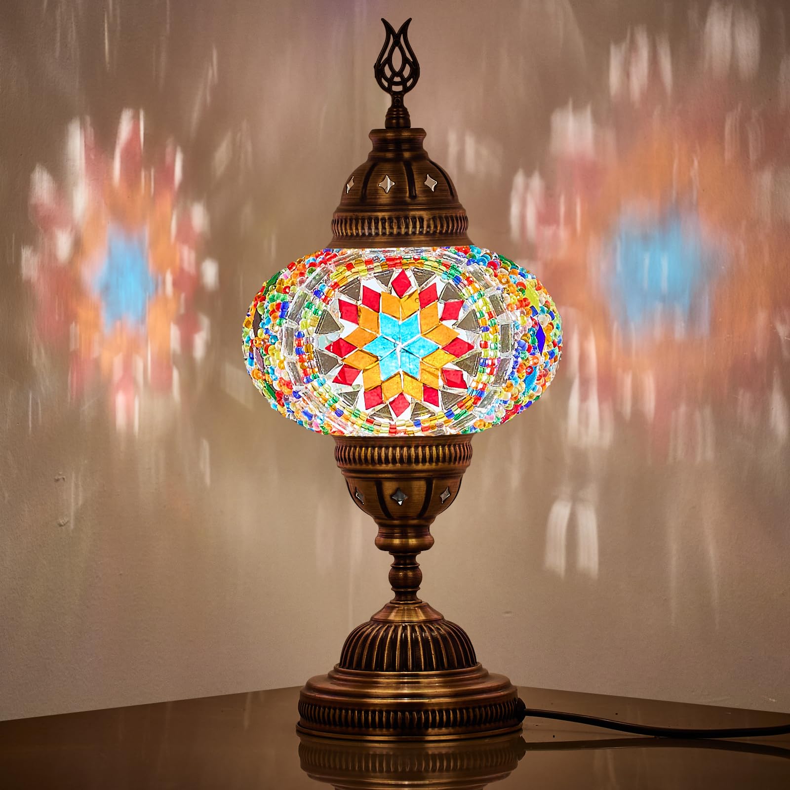 DEMMEX Turkish Moroccan Mosaic Table Bedside Night Lamp, Tiffany Style Handmade Glass Mosaics Unique Oriental Exotic Table Lamp, 16cm Big Size Globe, 36cm Height (Multicolour) — image 1