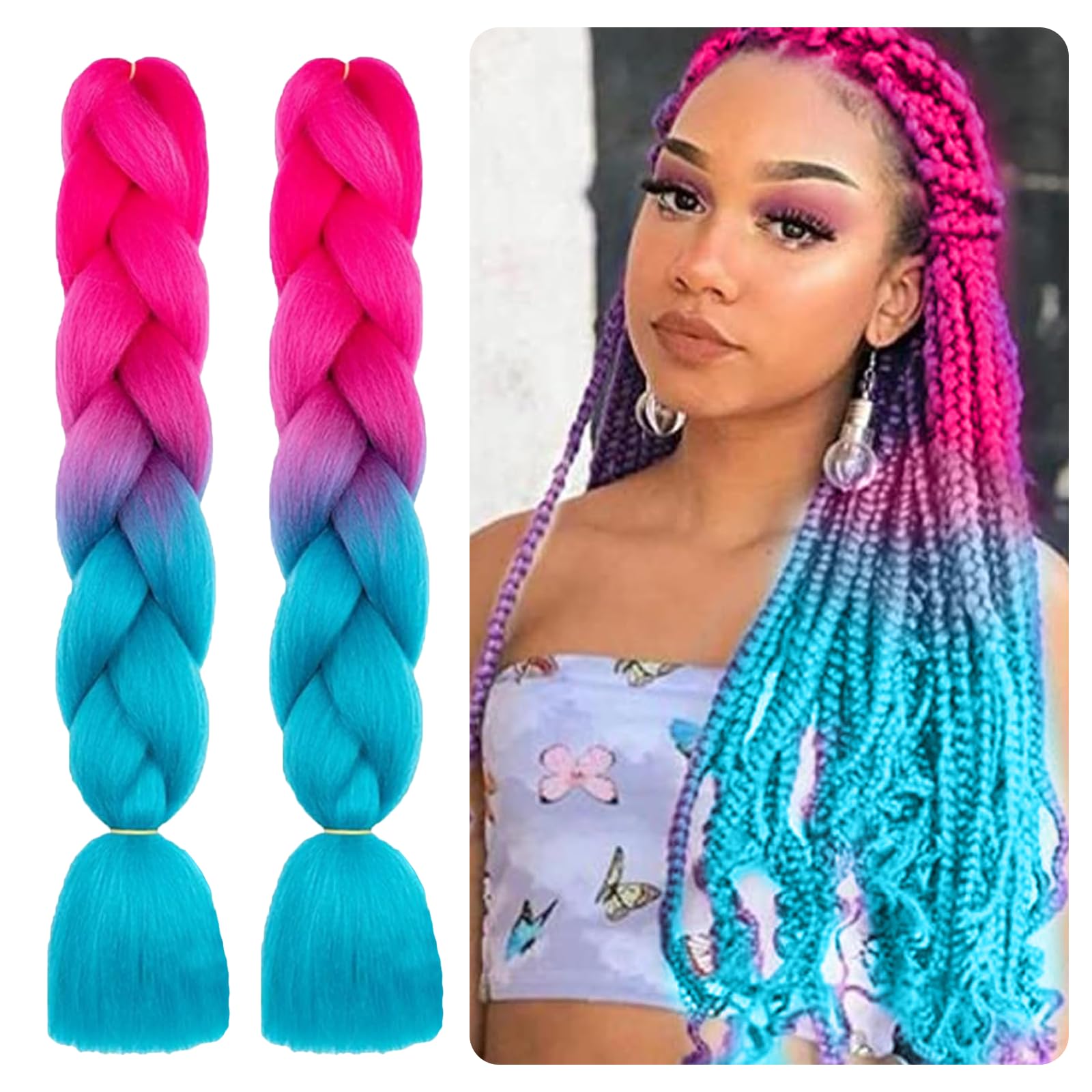 Leogony 2PCS 3 Tone Hair Extensions for Braiding, Fake Braids Hair, Peach Lake Blue Purple Plait Coloured Synthetic Wig โ image 1