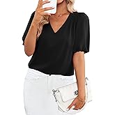 GRAPENT Business Casual Tops for Women Work Blouses Dressy Short Puff Sleeve Office Pleated V Neck Trendy Summer Blouse
