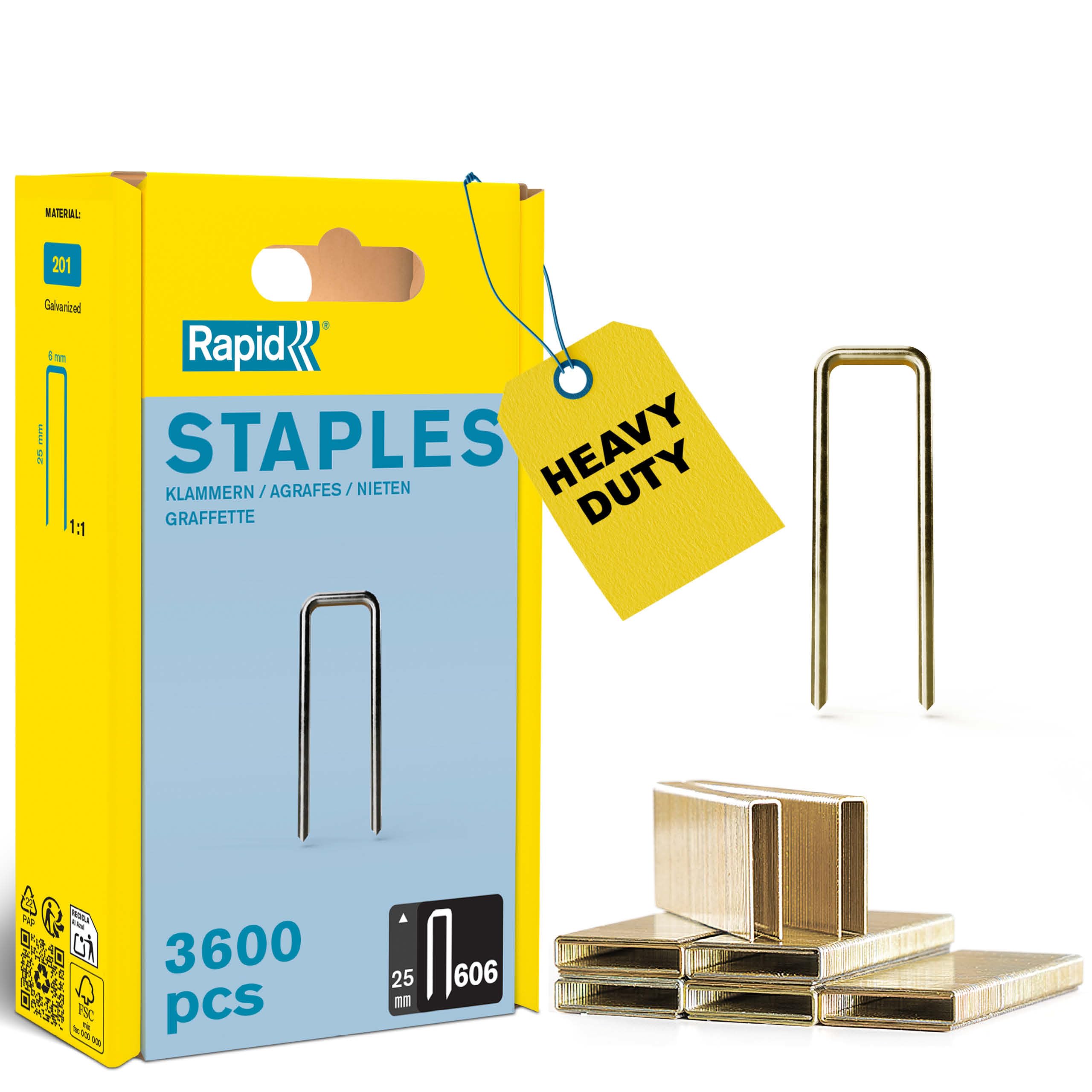Rapid High-Performance Staples for Dense Materials, Narrow Crown No. 606, Leg Length 25mm, Staple Gun Staples, Resin-Coated Galvanised Steel, 3600 Pieces, Plastic Box (40303095)