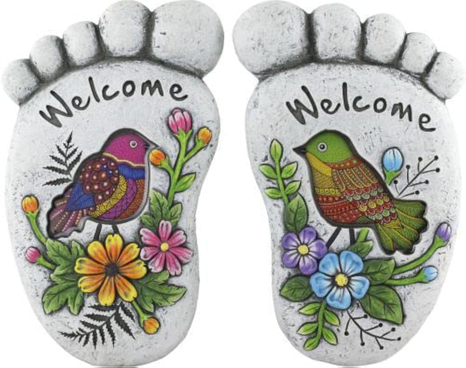 Divas World Charming Bird Design Cement Stepping Stone Feet Decorative Welcome Garden Pathway Stones Colorful Hand Painted Detail Durable and Weather Resistant Set of 2