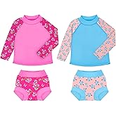 BIG ELEPHANT 2 Pcs Rash Guard Swim Diapers Sets for Unisex Baby, Boys Girls Long Sleeve Swimsuit with UPF 50+ Sun Protection