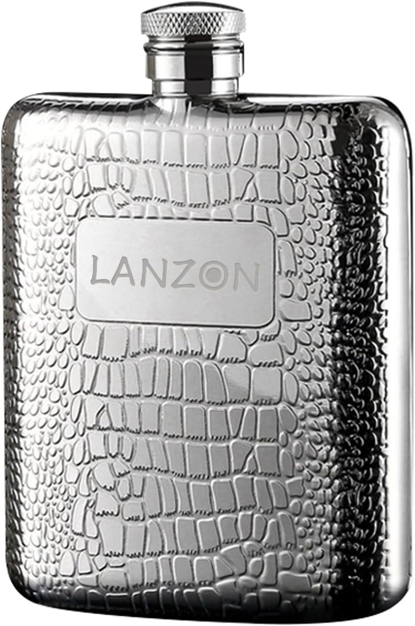 LANZON Hip Flask with Funnel, All 18/8 304 Food Grade Stainless Steel Curved Pocket Flask for Liquor | 6 OZ Capacity | Gift Boxed (Cobblestones Pattern)