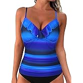 Hilor Women's Tankini Tops Shirred Ruffled Swimsuits V Neck Swimwear Top