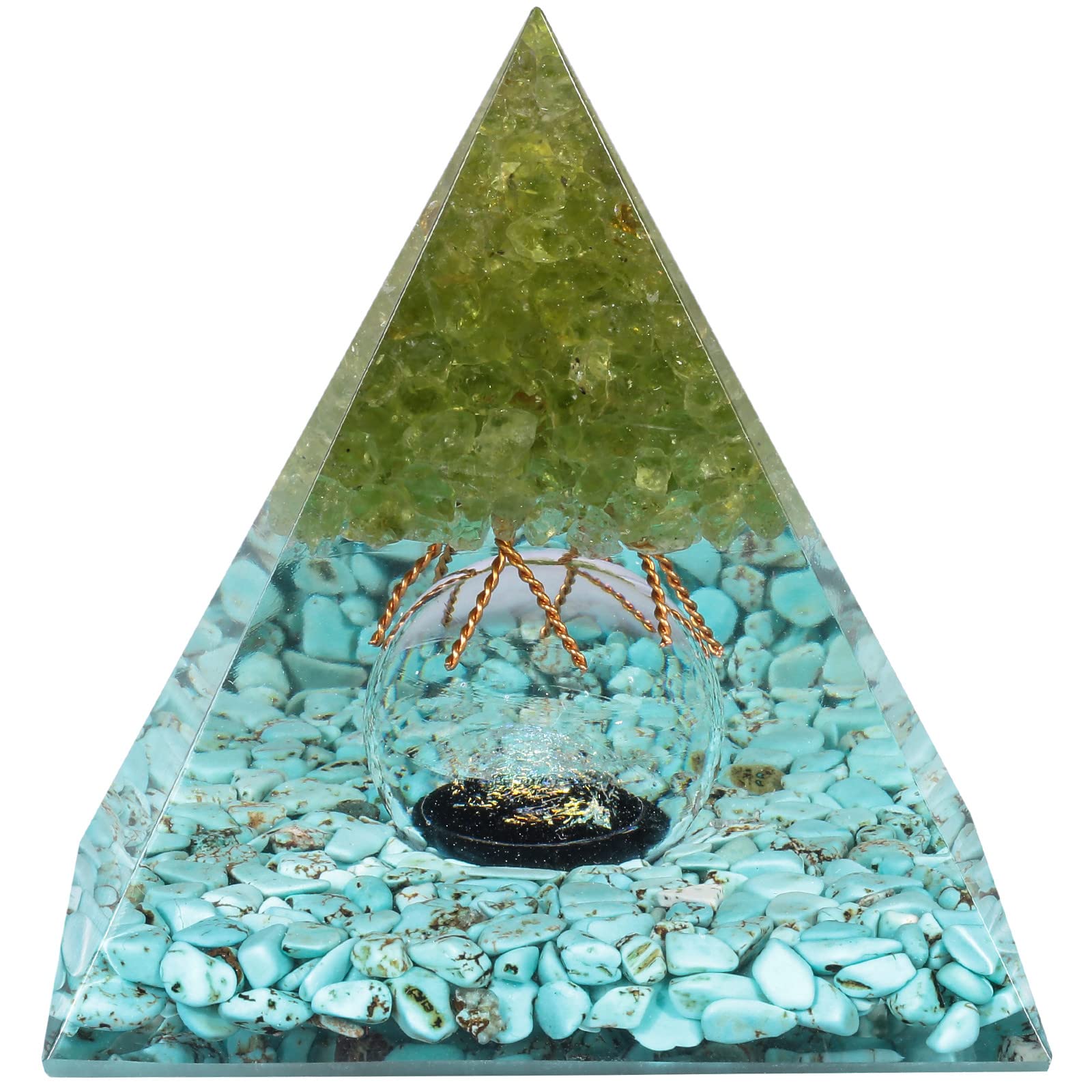 Nupuyai Peridot Tree of Life Blue Howlite Turquoise Crystal Piramid with Glass Crystal Ball, Spiritual Healing Stone Pyramid Quartz Point Ornament for Protection Home Decor