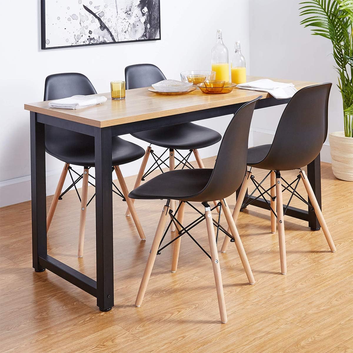 CangLong Modern Mid-Century Shell Lounge Plastic DSW Natural Wooden Legs for Kitchen, Dining, Bedroom, Living Room Side Chairs, Set of 4, Black: Furniture & Decor