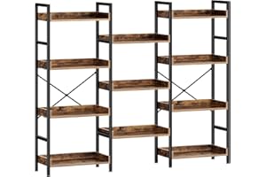 Rolanstar Triple Bookshelf, 4 Tier Industrial Bookshelf with Metal Frame, Rustic Brown Large Bookcase with Open Shelving, Woo