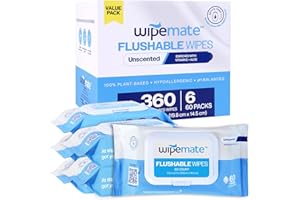 Wipemate ULTRA Flushable Butt Wipes, Soothing Vitamin E & Aloe, 99% Water, Unscented Premium Super Soft Hygiene Wipes, Septic & Sewer Safe, 6 Premium Flip-Top Packs, 60 Wipes Per Pack (360) Count