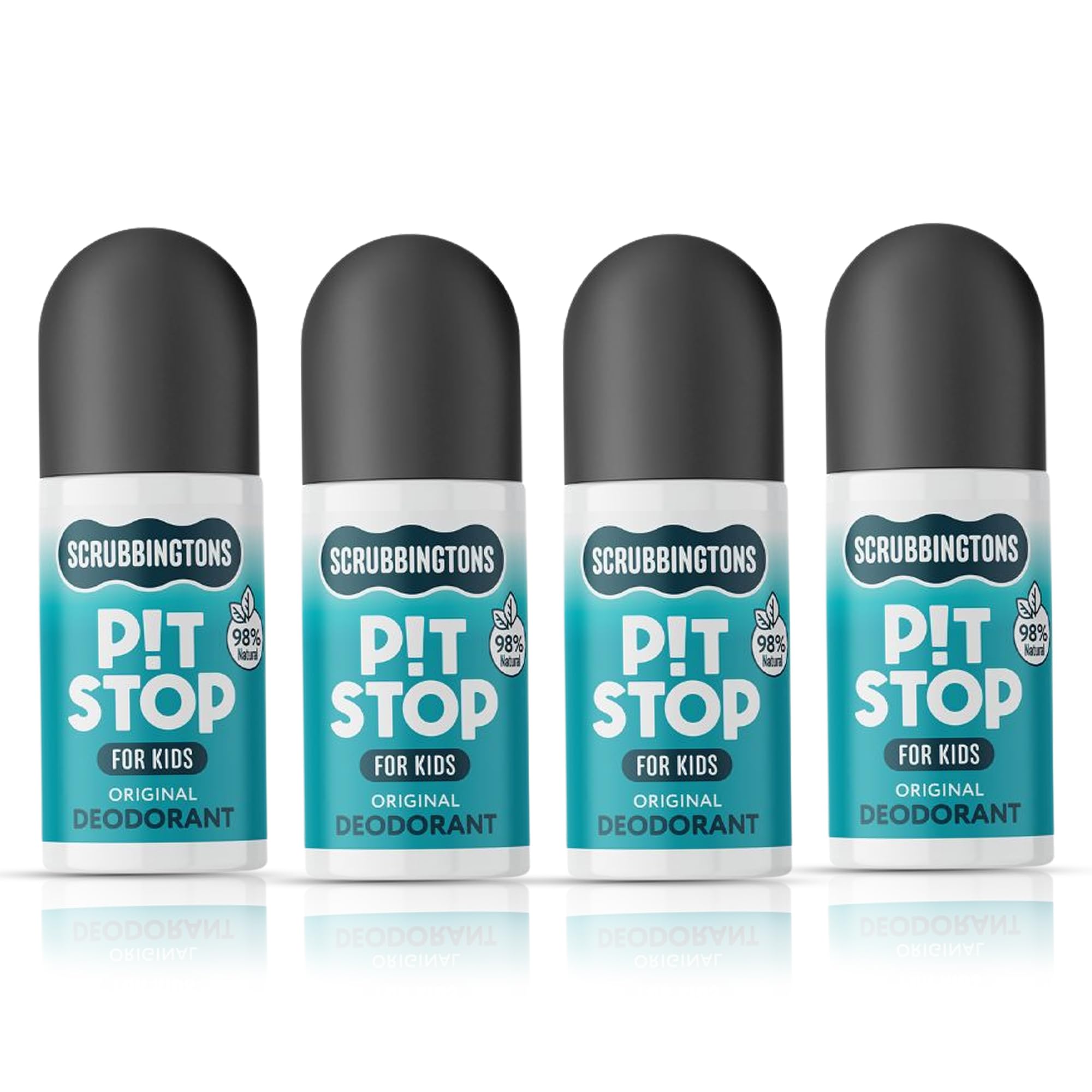 Scrubbingtons Pit Stop Kids Deodorant Natural Roll On For Children, Teens. Made in UK, 98% Natural Ingredients For Sensitive Skin. Paediatrician approved, Aluminium & Alcohol Free, Original, 75ml x 4