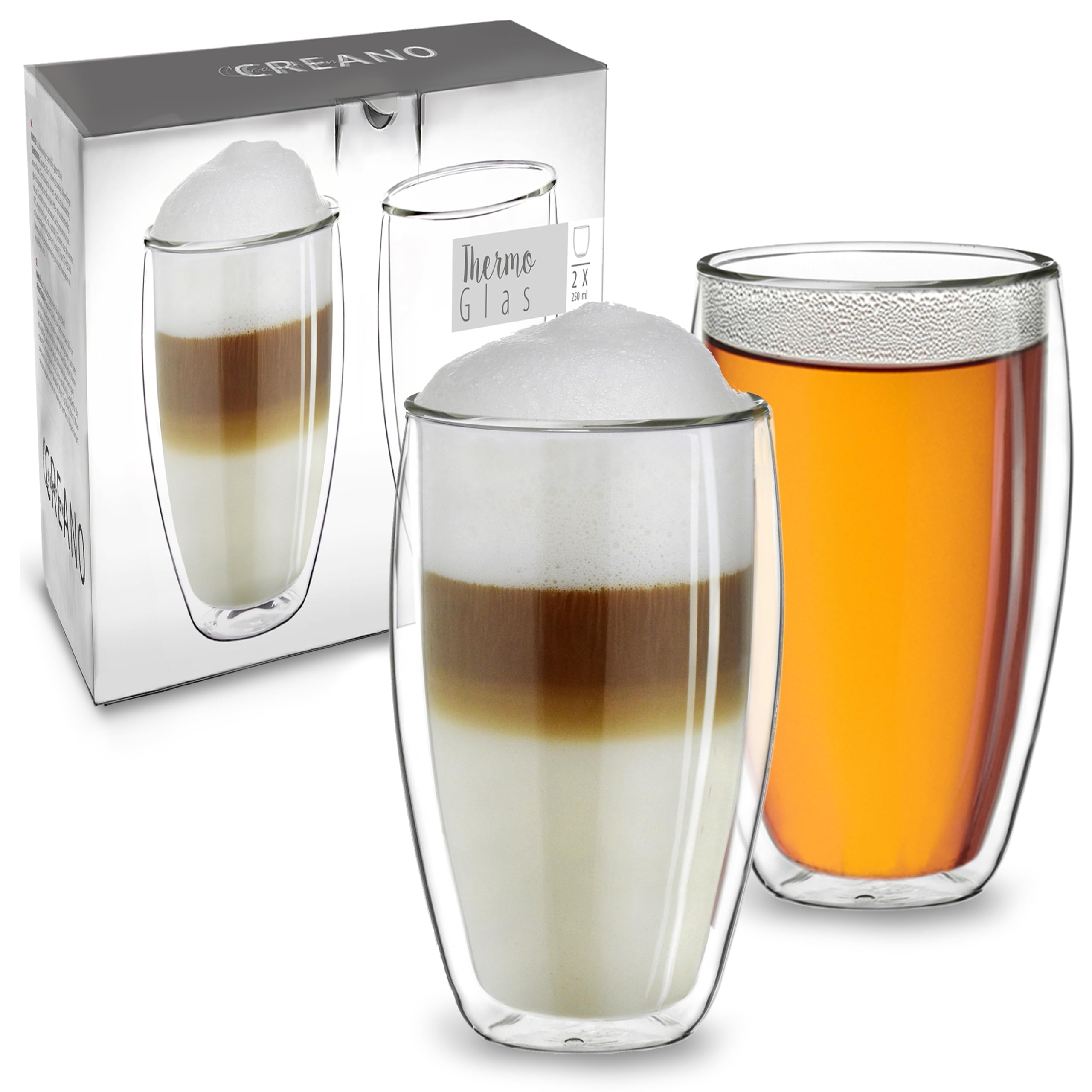 Creano Double Walled Coffee Glasses 250ml - Insulated Cappuccino Cups - Latte Macchiato, Tea - Also Suitable for Small Hands - 2 pcs (Pack of 1)
