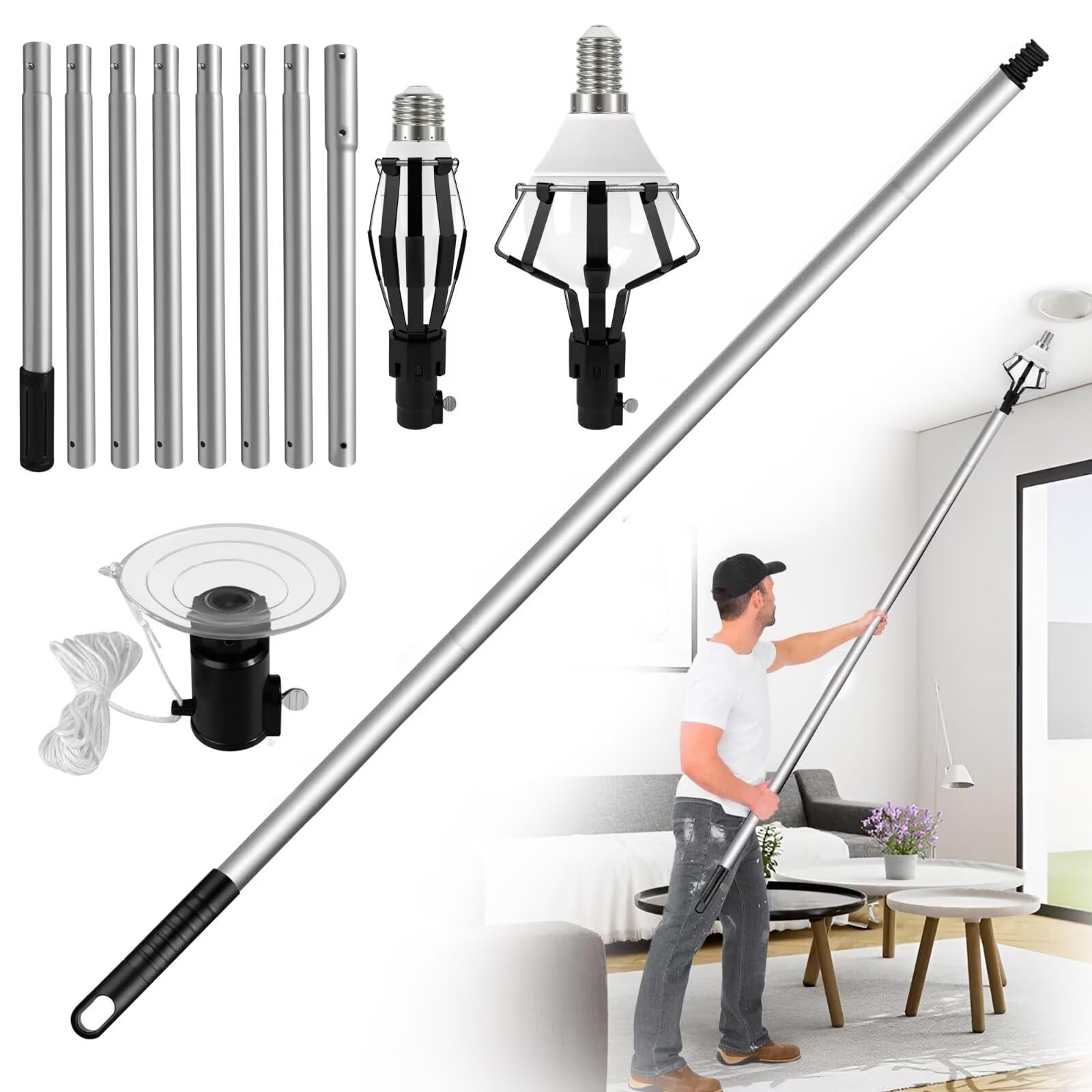 Photo 1 of 13fT Light Bulb Changer for High Ceilings with Extension Pole with Baskets and Suction Cup Bulb Removal Tool for High Ceilings and Recessed Lights - (Black)