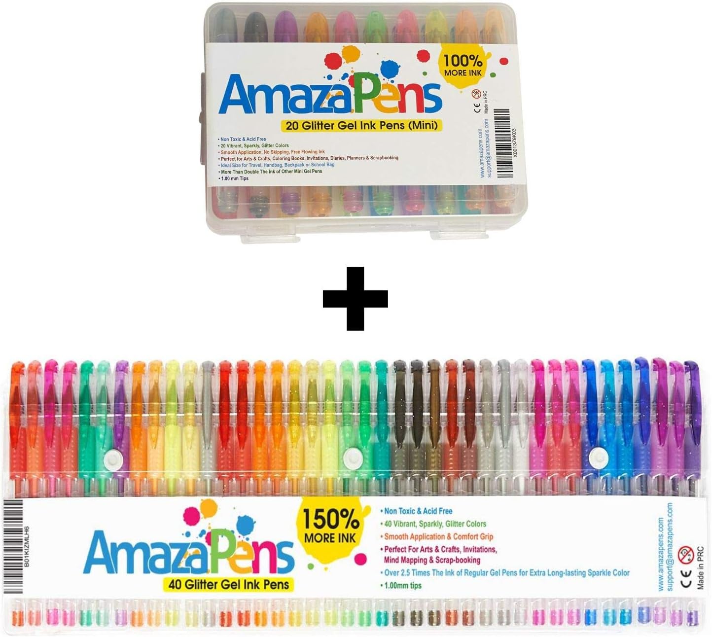 AmazaPens Glitter Gel Pens Home & Travel Bundle of 40 Full Size Glitter Pens and 20 Mini Pens in Handy Small Size
