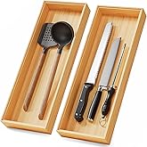 Long Bamboo Kitchen Drawer Organizer Boxes – 17" x 6" Stackable Wood Silverware Utensil Tray for Drawers Bins Cutlery & Flatware Storage – Wooden Pantry Organizers Set of 2 for Junk Drawer Bathroom Rv
