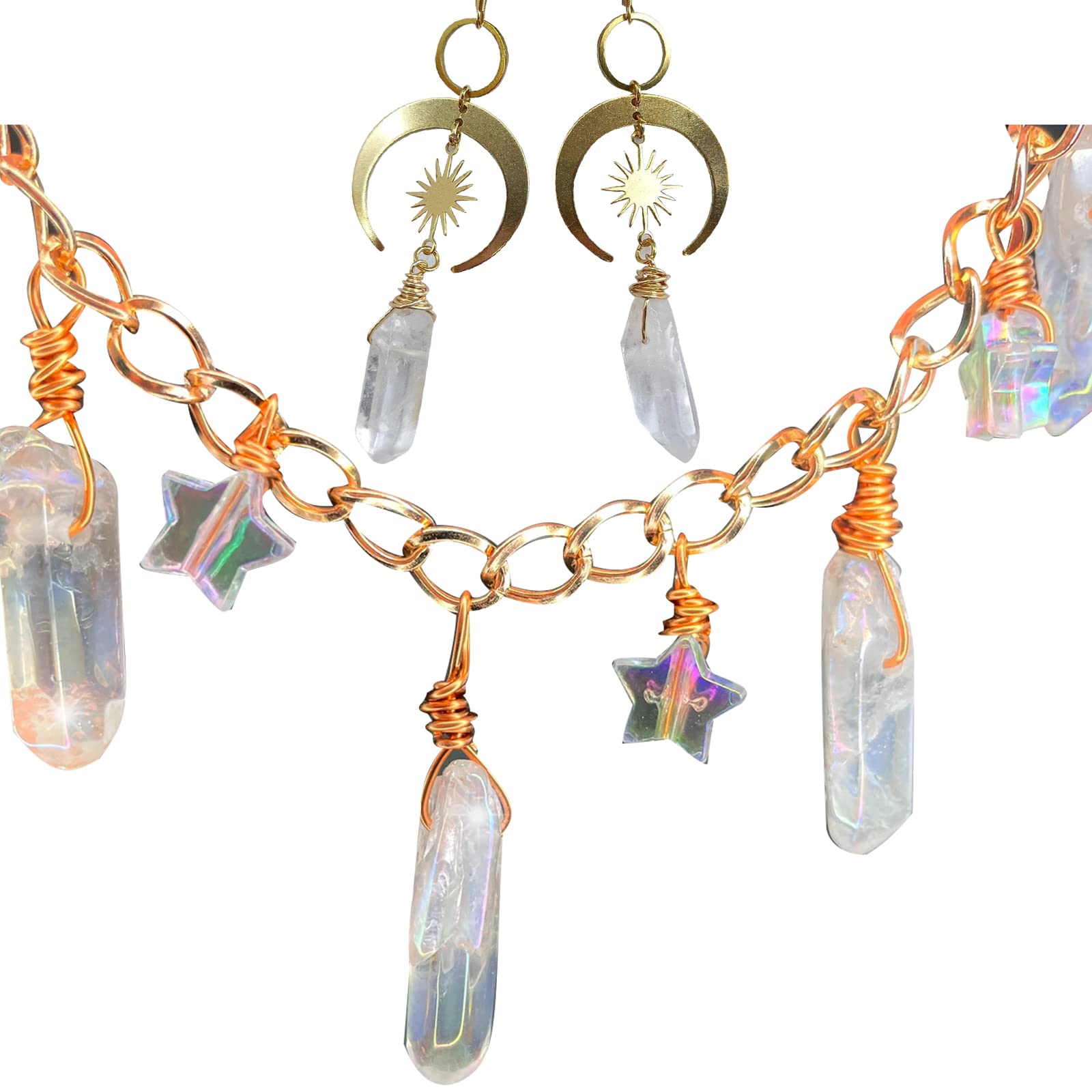 Healing Crystal Natural White Crystal Irregular Hexagonal Star Pendant Collar Necklace White Crystal Irregular Hexagonal Sun Moon Pendant Earrings Yoga Reiki Meditation