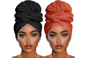 COOKOO 2 Piece Stretch Jersey Turban Head Wraps African Women's Headwraps Breathable Super Soft Head Bands Fashion Head Scarf Hijab Scarves Large Muslim Headwrap for Women(Black+Orange)