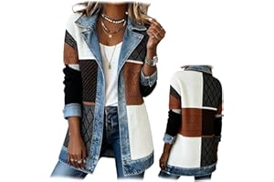 Denim Patchwork Women Knit Shirts, Casual Collared Loose Button Down Workout Long Sleeve Jacket for Fall Spring