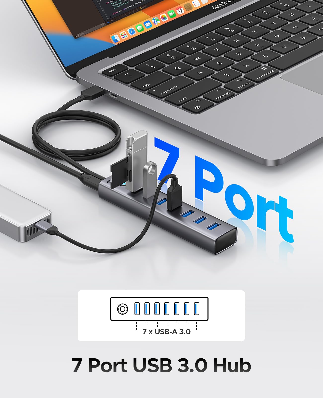 ORICO 7-Port USB 3.0 Hub, Aluminium Multiport Adapter Mit 100CM Kabel, 5Gbps Datenübertragung, 5V 3A Type-C Port, Splitter Für PC, Laptop, MacBook, PS4, Surface Pro, Mobile HDD 2