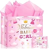 Neptniopllab Pink Baby Shower Birthday Gift Bag,Welcome Baby Girl Wrapping Paper Bag Elephant Theme Party Decoration Gift Bag with Tissue Paper and Card for Girl Baby Shower Newborn