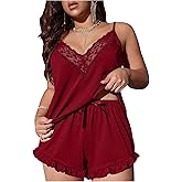 SHENHE Women's Plus Size Cami Pajamas 2 Piece Sleepwear Lace Trim V Neck Top Ruffle Shorts Pj Set