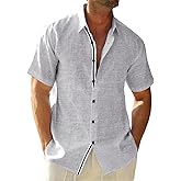 Runcati Mens Linen Button Down Shirt Short Sleeve Casual Lightweight Summer Beach Shirts Vacation Wedding Tops