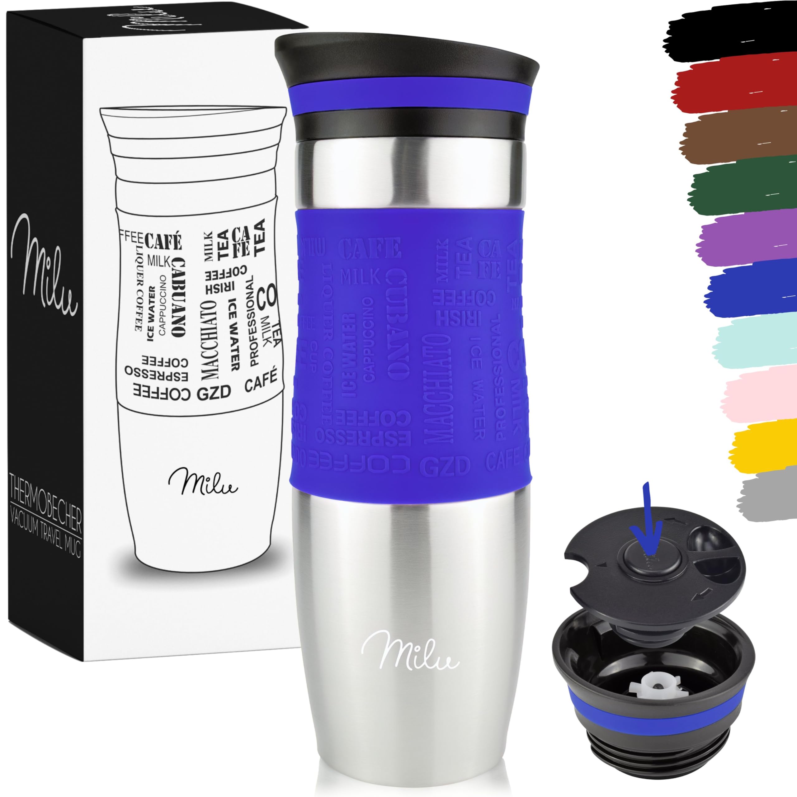 Milu Thermo Mug 370ml 450ml Insulated Mug Coffee Mug to go - 100% Leak Proof - Stainless Steel Drinking Mug - Car Mug Double Wall Insulation - Thermo Mug - Travel Mug - (Navyblue, 450ml)