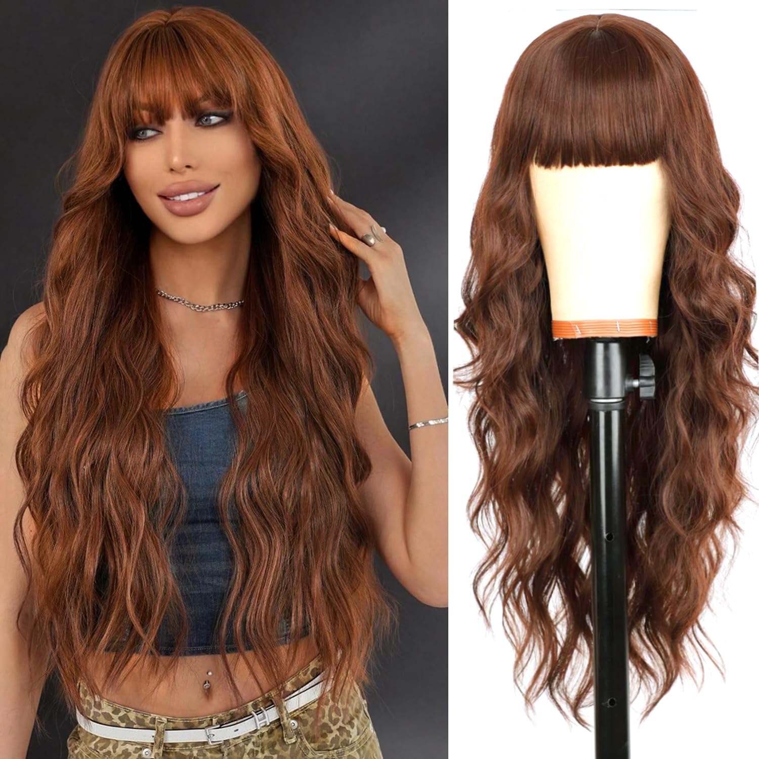 YEESHEDO Long Honey Brown Wig With Bangs Natural Wave Wigs 28 Inch Synthetic Wavy Loose Curly Wig Heat Resistant Fiber 150% Density Medium Cap Size — image 1