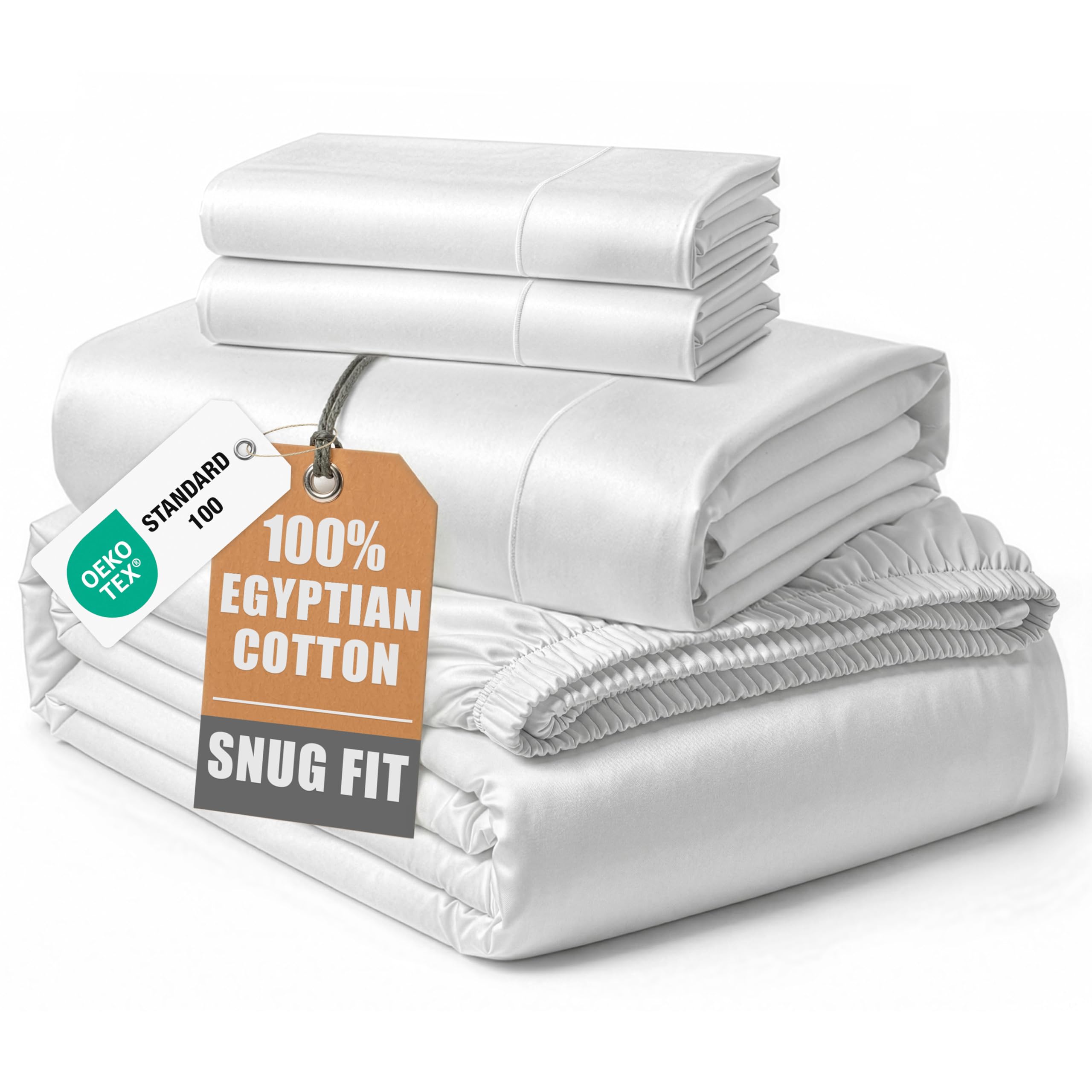 Photo 1 of 100% Egyptian Cotton Sheets King Size - Naturally Cooling & Breathable 4 Piece Silky Sateen Weave King Size Sheets Set, Ultra-Soft & Durable Hotel Luxury Sheets with 15" Snug Fit Deep Pockets - White