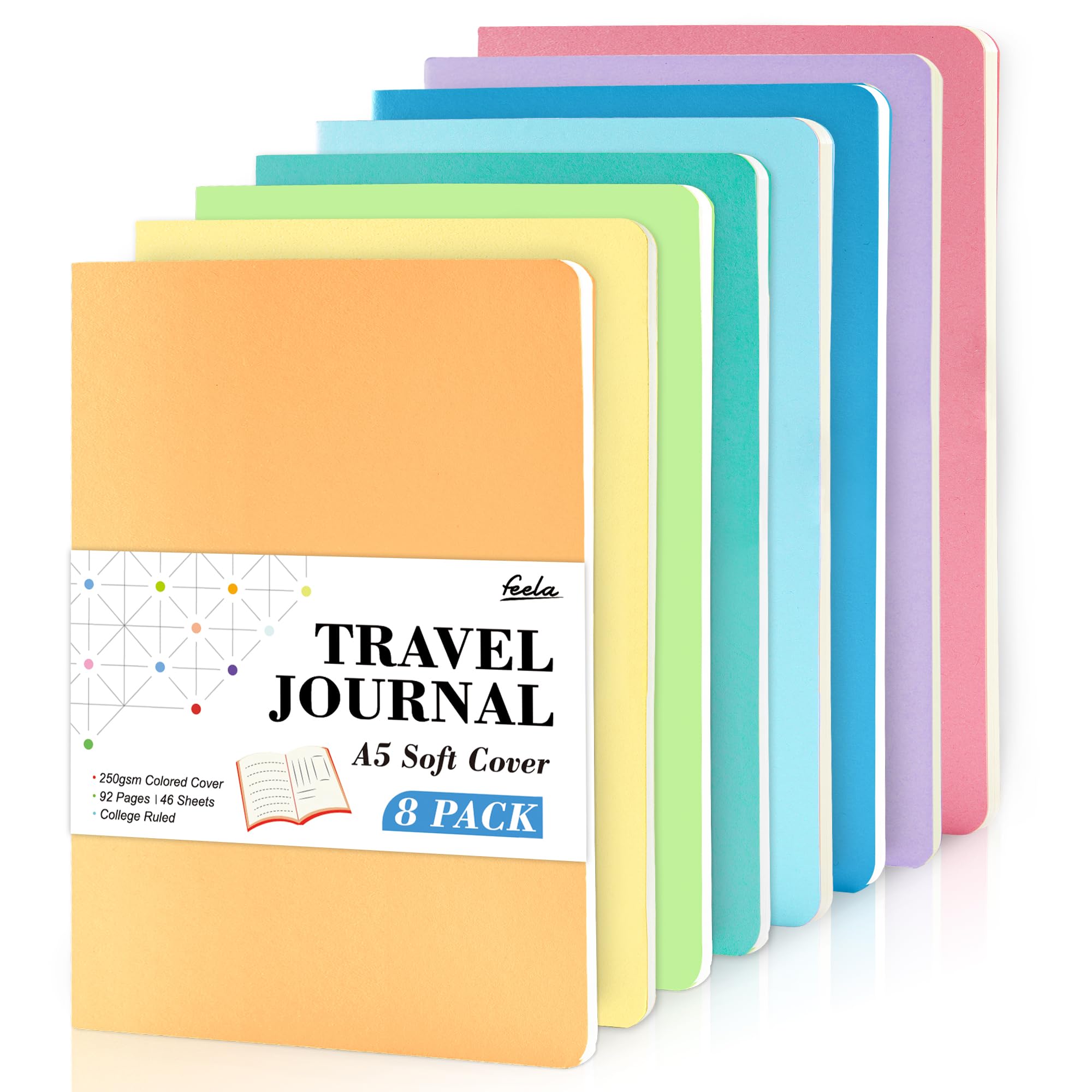 feela 8 Pack Soft Cover Notebooks A5 Lined, Journal Notebooks College Ruled, Lined Travel Journal for Women Men, Note Taking Study Notepad School Supplies, Exercise Writing Note Books, Pastel Colours — image 1