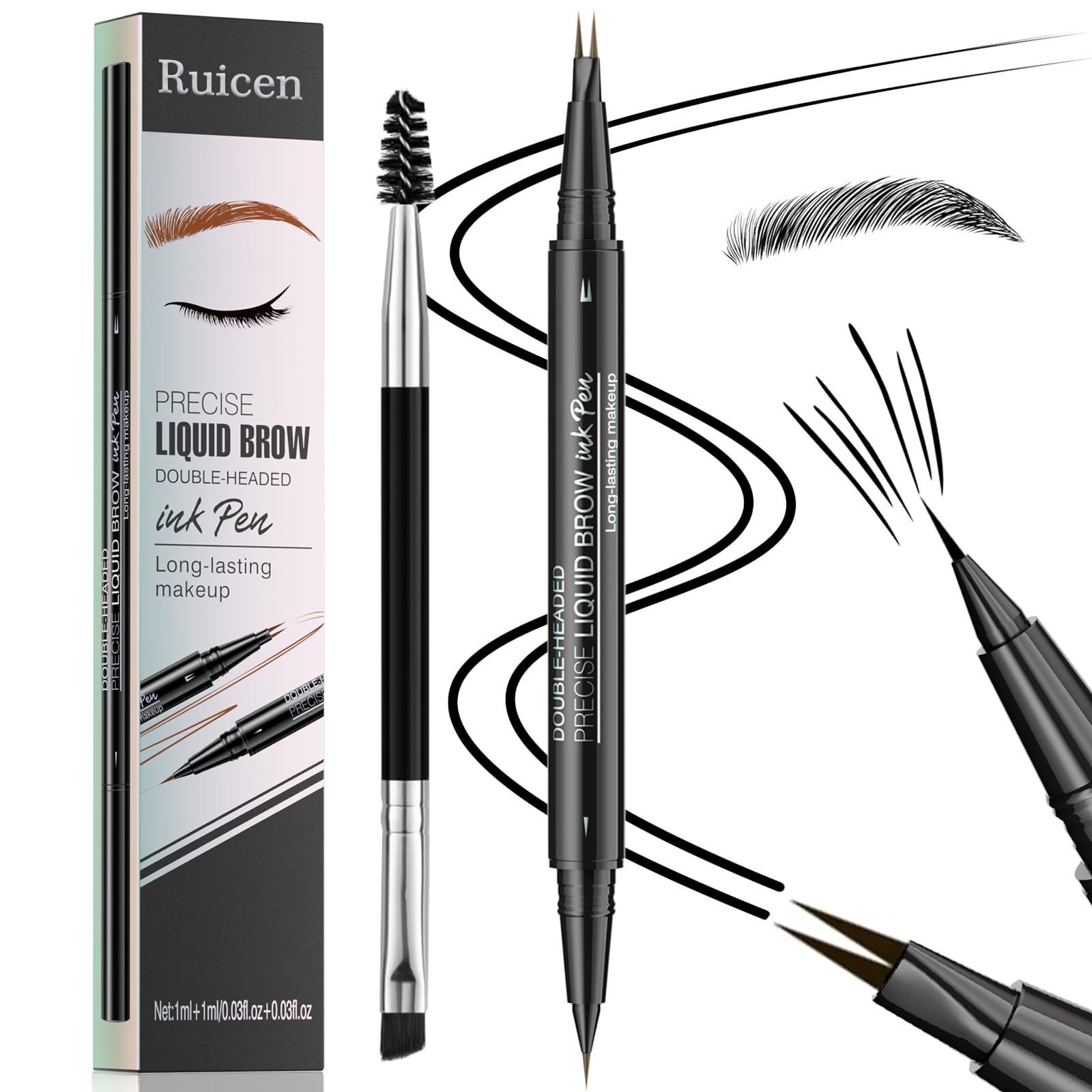 Eyebrow Pen - Eyebrow Pencil, Ruicen Micro Eyebrow Pencil 2-in-1 Dual-Ended Eyebrow Pen with Micro-Fork-Tip and Precise Brush-Tip Create Natural Hair-Like Brows, Last All-Day, Black