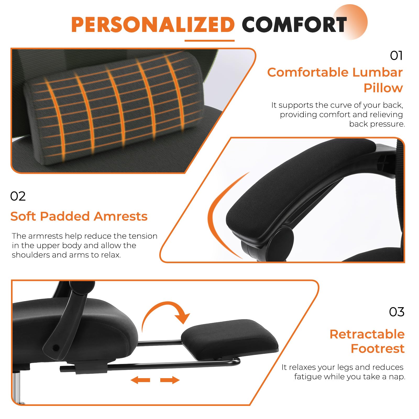 Sweetcrispy Office Computer Desk Chair, Ergonomic High-Back Mesh Rolling Work Swivel Chairs with Wheels, Comfortable Lumbar Support, Comfy Arms for Home, Bedroom, Study, Student, Black - Image 5